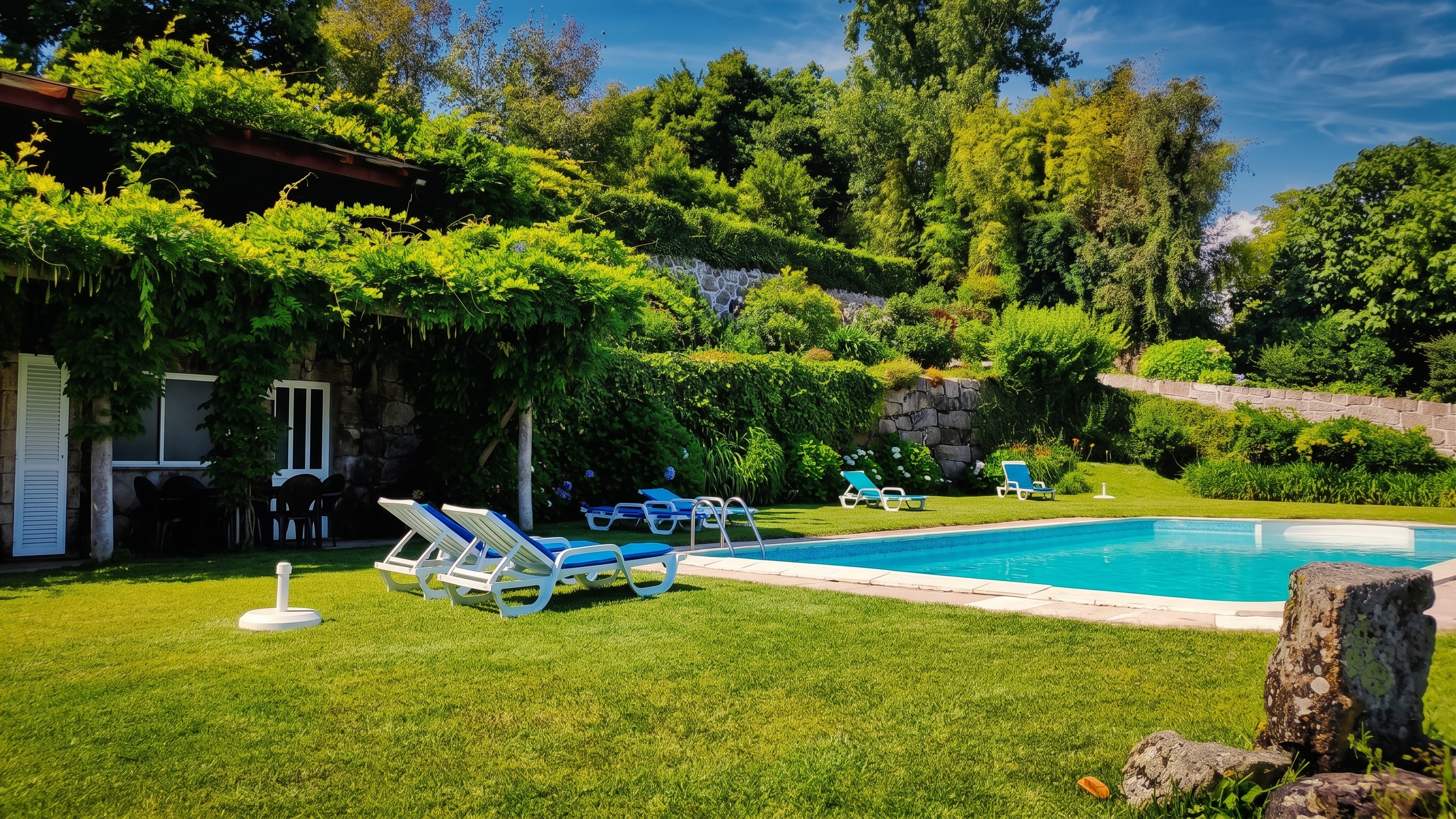 A piscina no relvado da quinta, com o jardim em socalcos, a pérgula coberta de verde e a casa de granito acima